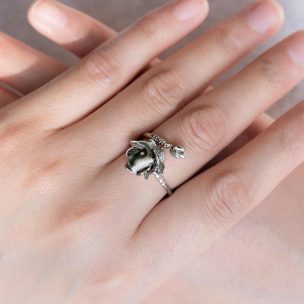 Beautiful Ocean Jasper Lotus Ring, symbolizing purity.