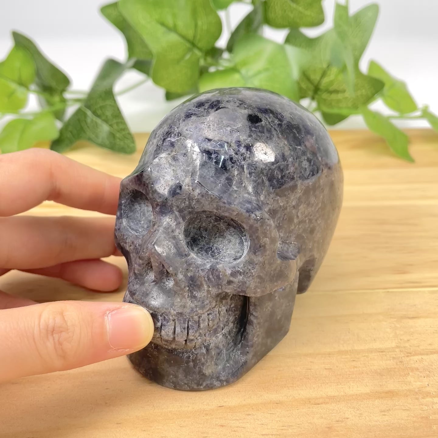 Hand-Carved Iolite Skull Statue Large Natural Gemstone Human Skull Carving, Healing Crystal Sculpture for Meditation, Gothic Home Decor, Reiki Stone for Intuition & Vision