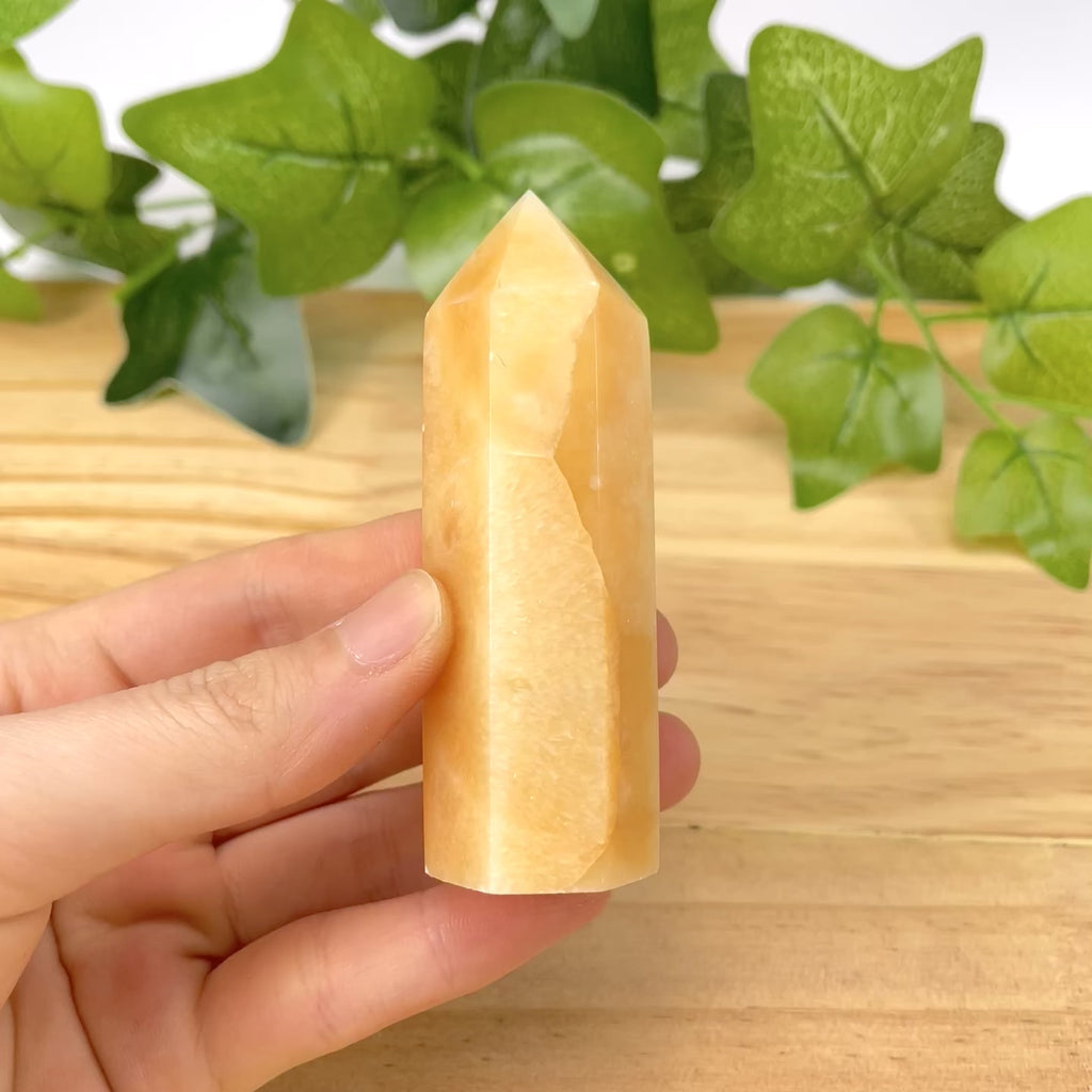 Honey Calcite Tower Point Hand-Polished Gemstone Obelisk for Confidence, Manifestation, and Solar Plexus Healing