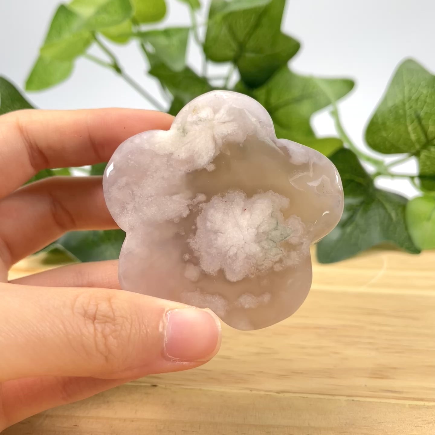 Natural Flower Agate Clover Palm Stone | Cherry Blossom Agate Carved Flower Crystal for Meditation, Healing & Home Decor