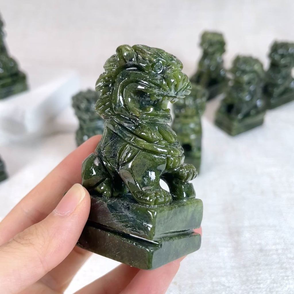 Pair Natural Xiuyu Jade Fu Foo Dog Statues, Chinese Guardian Lion Stone Carving Set, Auspicious Green Jade Lion Figurines Home Decor Ornament
