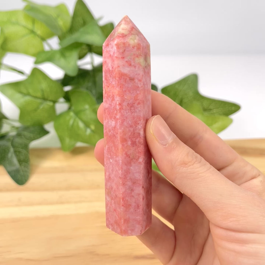 Thulite Crystal Point – Natural Thulite Single Terminated Wand, Polished Pink Crystal Tower for Healing, Meditation, Energy Work, Home Decor & Collection