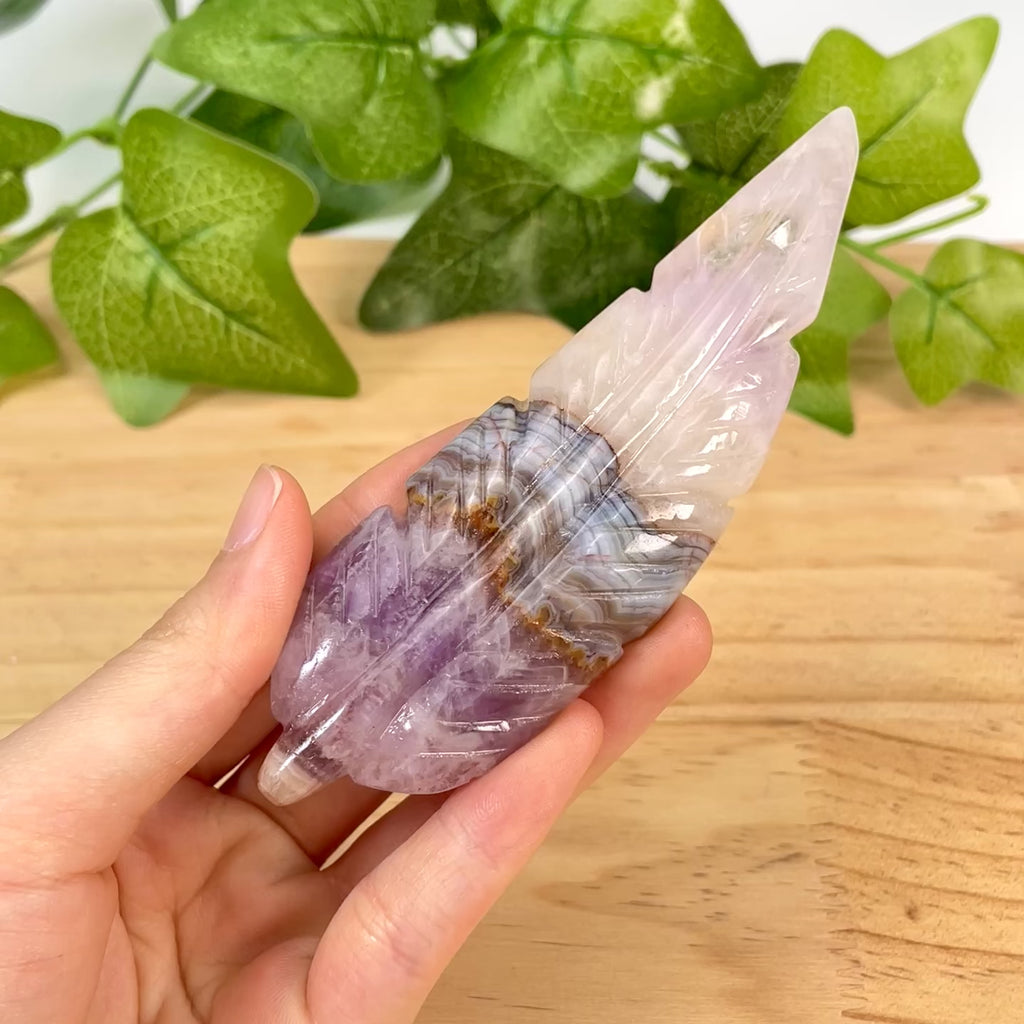 Dream Amethyst Feather Crystal Carving, Hand Polished Feather Shaped Stone for Spiritual Decor & Energy Healing