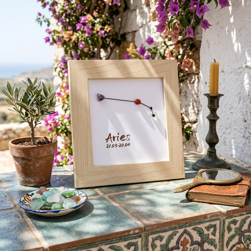 Aries Constellation Crystal Shadow Box Frame, Natural Gemstone Zodiac Sign Wall & Table Decor, Zodiac Birthday Gift